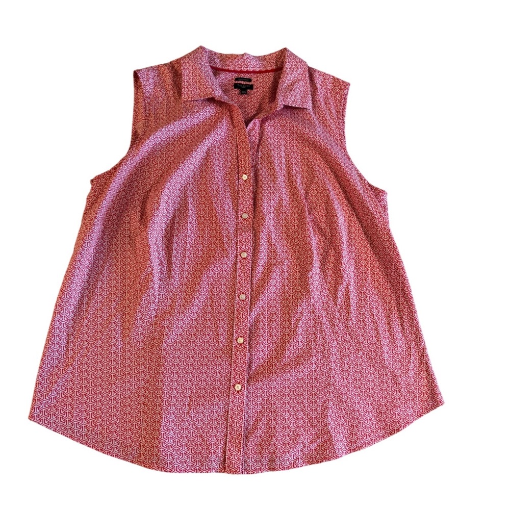 Talbots Woman Red White Geometric Sleeveless Button Down Shirt Plus 22W Wrinkle